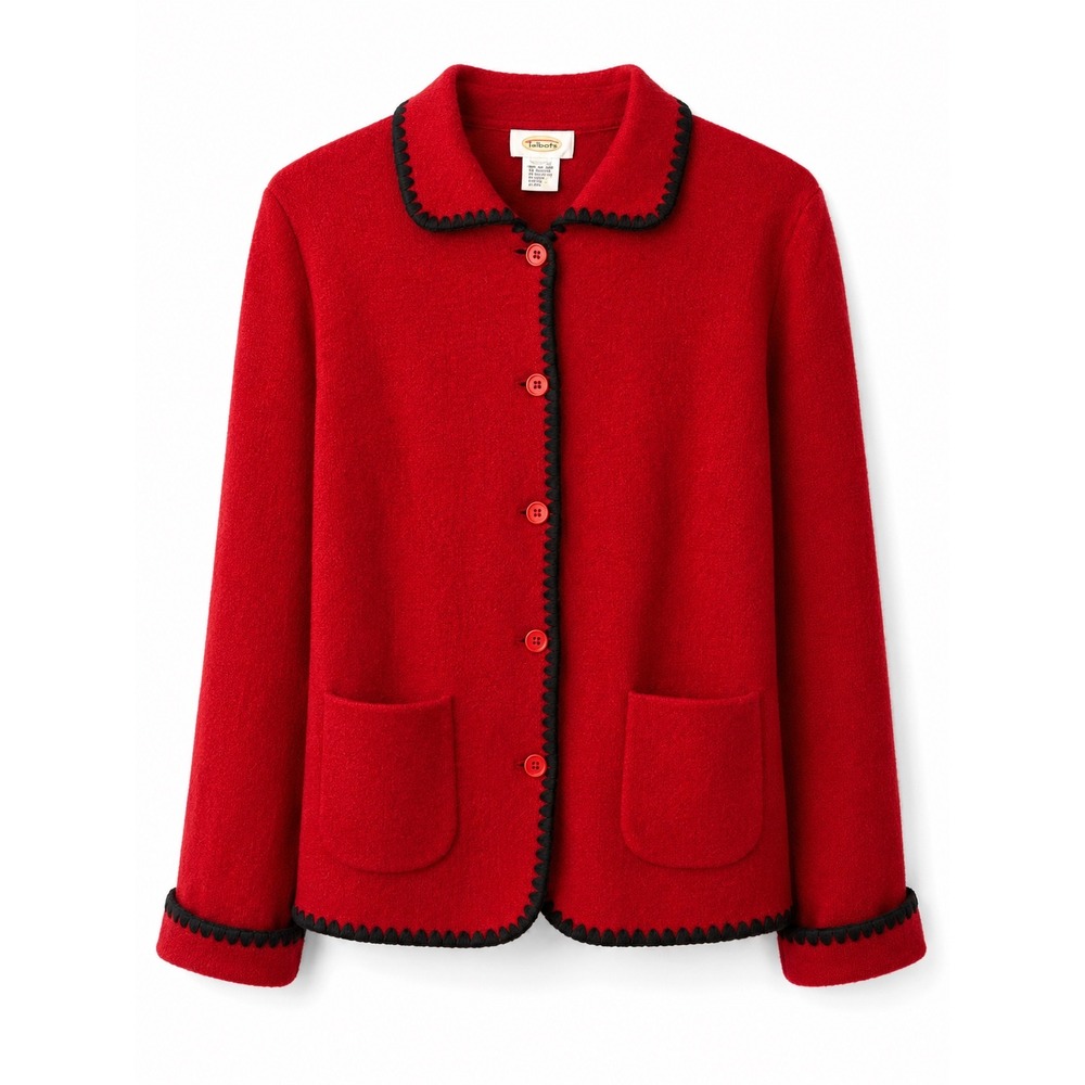 Talbots Red Boiled Wool Blanket Stitch Button Front Cardigan Jacket Womens L